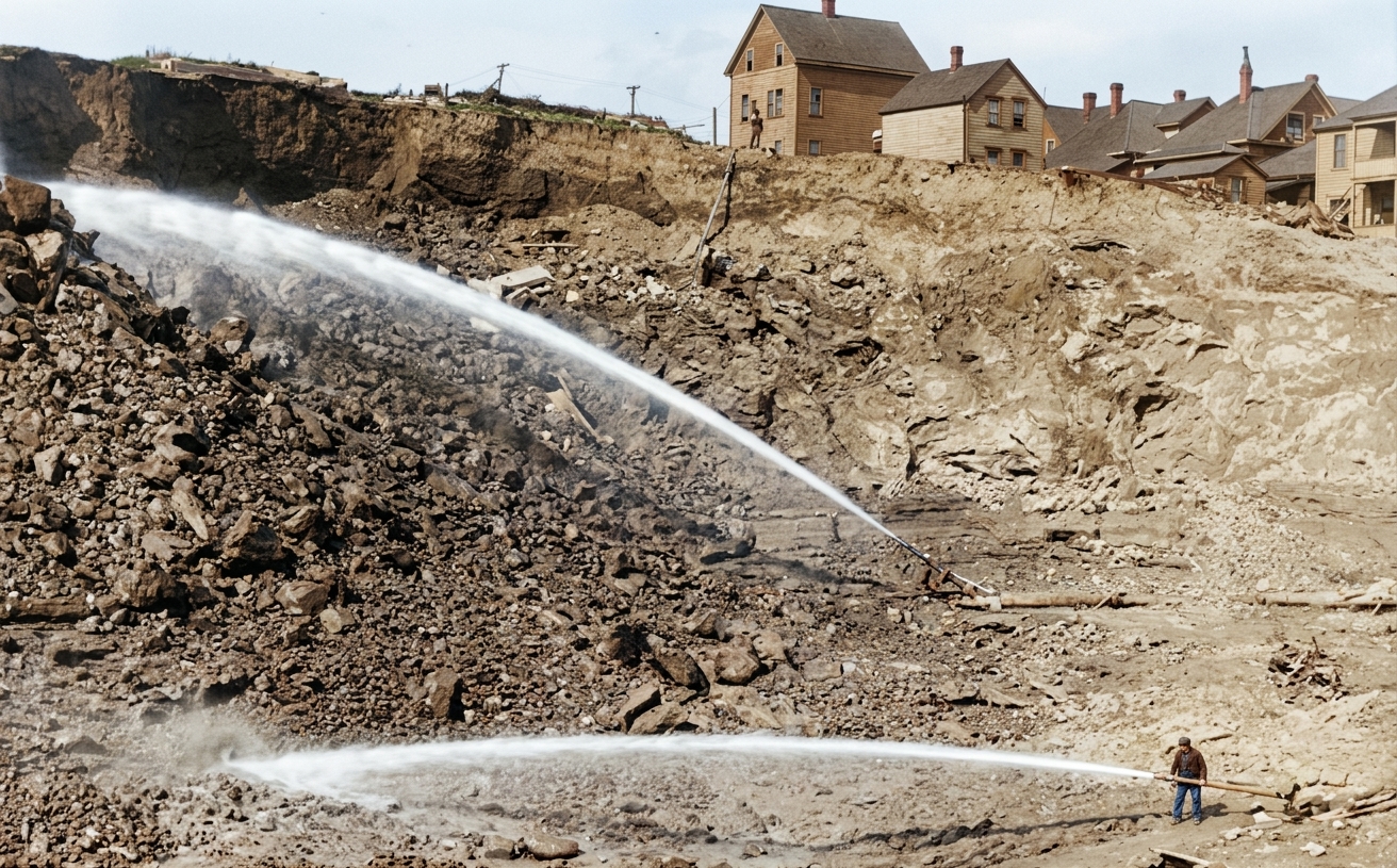 Hydraulic sluicing during the Denny Regrade, c. 1908
