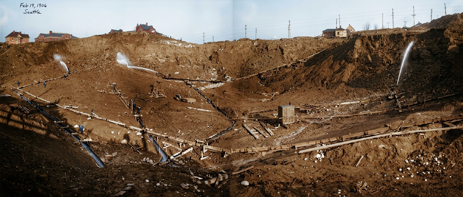 Denny Hill regrade excavation with hydraulic giants, February 1906