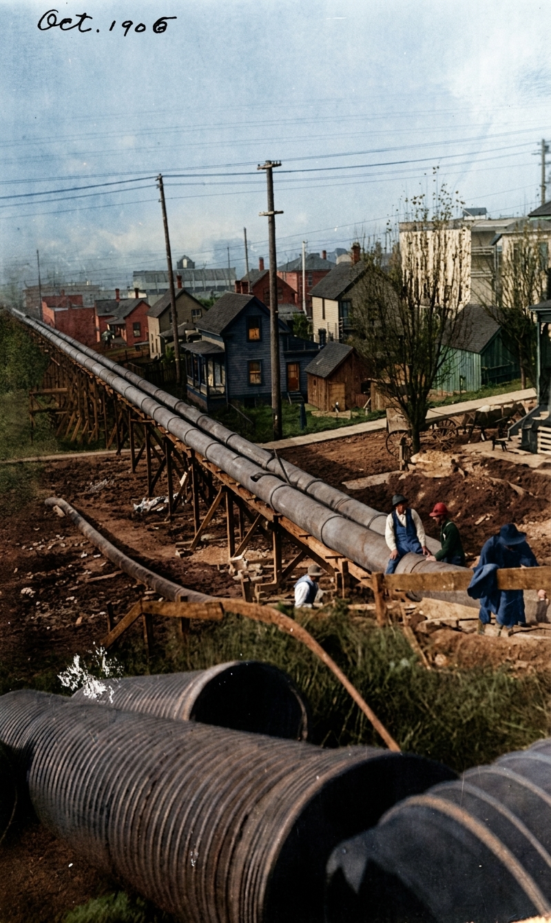Sluice pipes and trestle during Denny Regrade, Oct. 1905