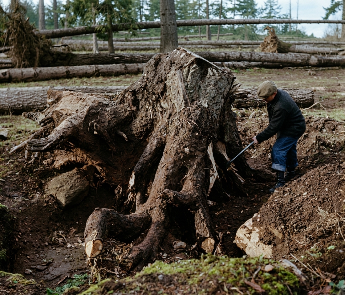 Removing a tree stump after storm, Lincoln Park, 1934
