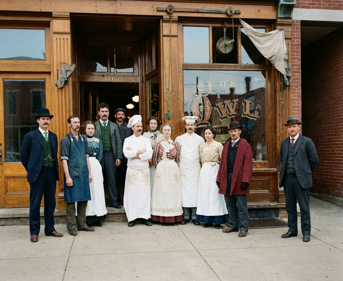 Staff outside the Owl Restaurant, Seattle, c. 1890s