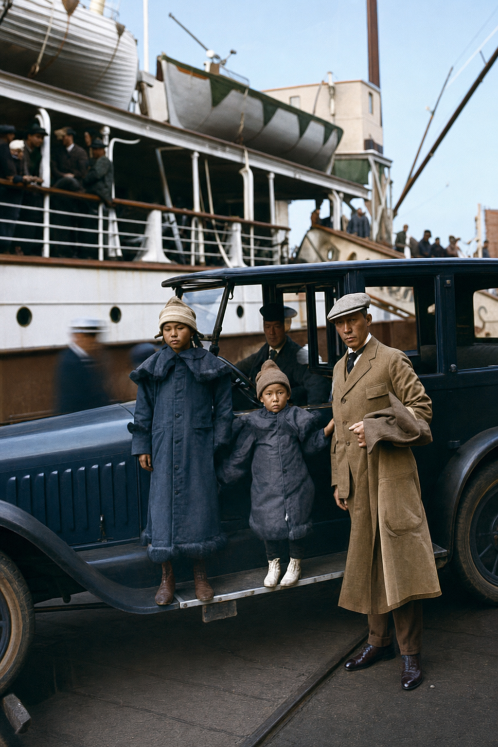 Roald Amundsen and Chukchi girls at Seattle waterfront, 1921