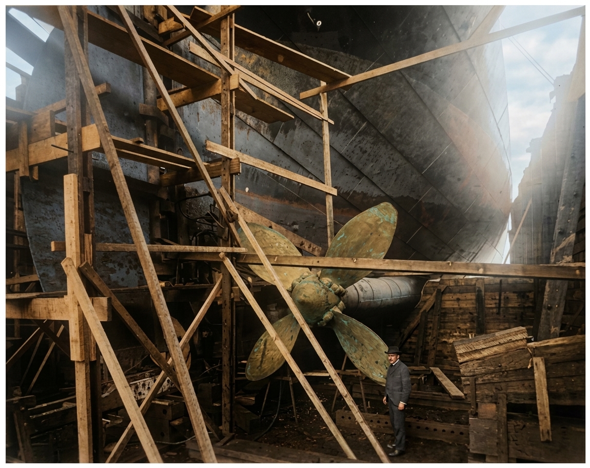 Workman beside ship's propeller, Moran Brothers shipyard, c. 1904