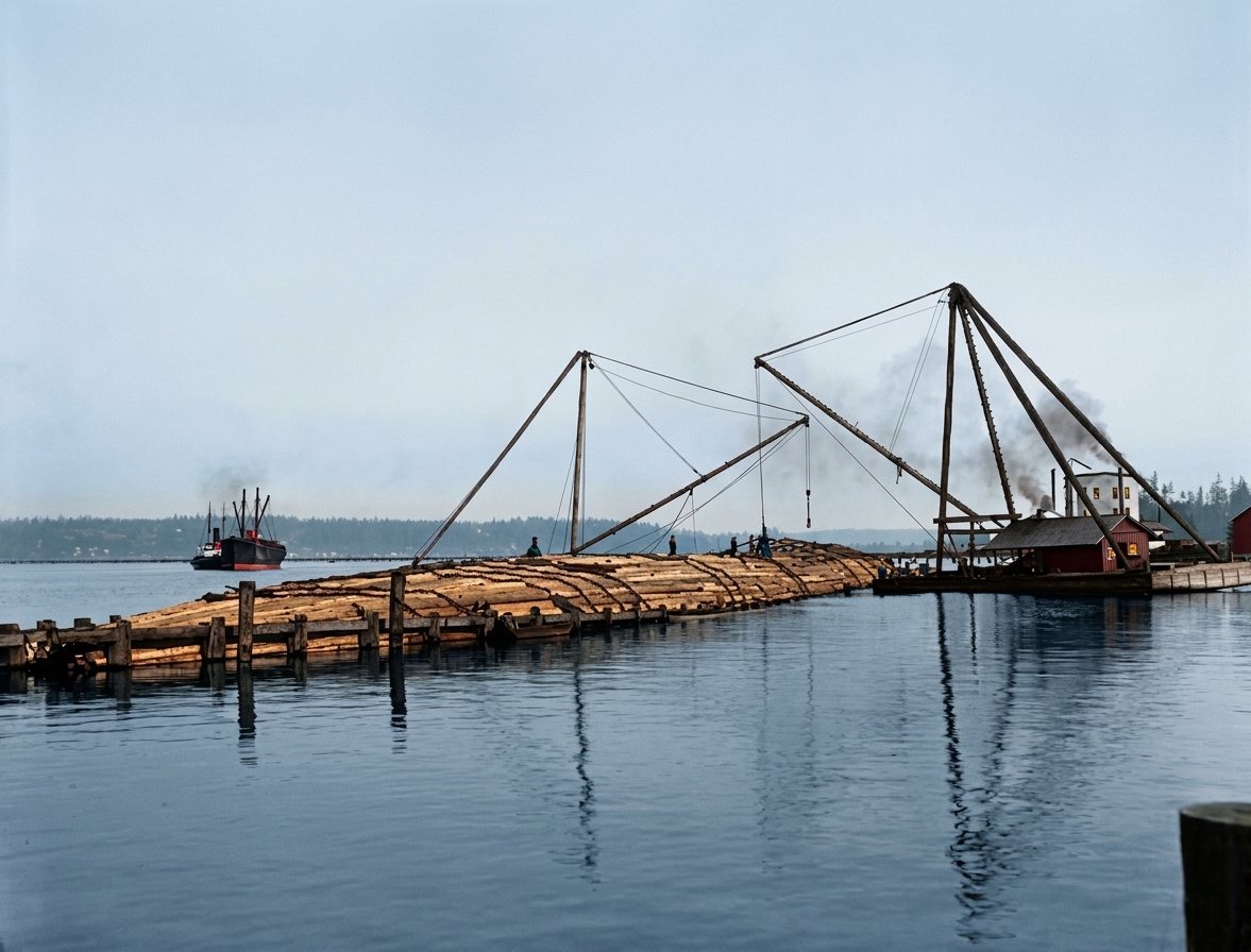 Robertson pile raft ready for launch, West Seattle, 1899