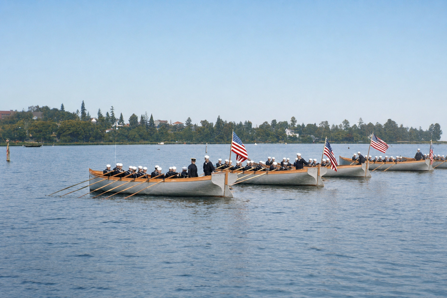 Navy launches with sailors on Lake Washington, c. 1908