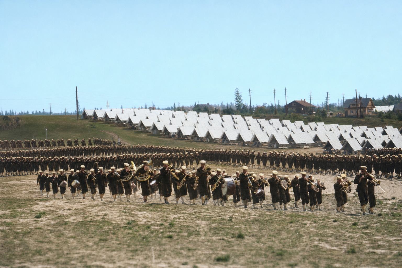 Naval training camp drill with band, Seattle, c. 1917