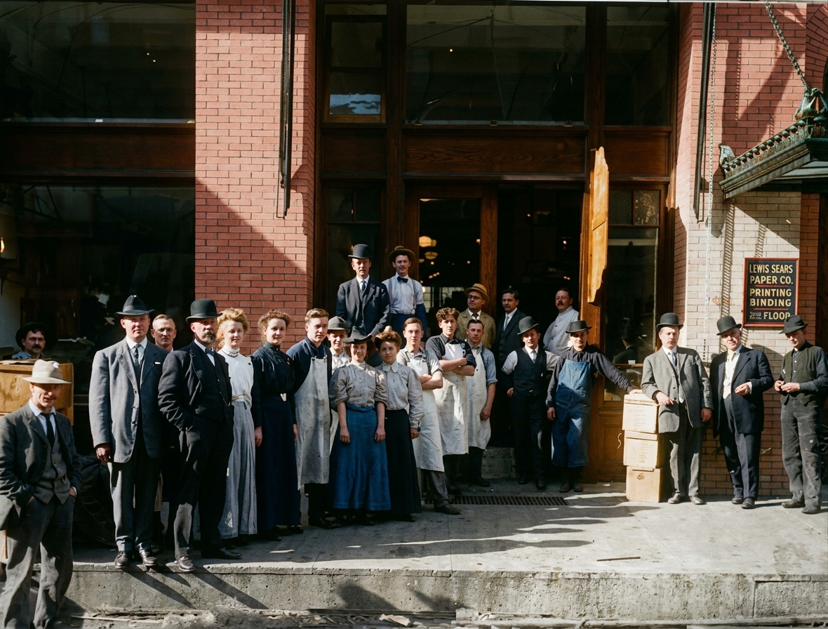 Employees gathered outside Lowman & Hanford / Lewis Sears Paper Co., c. 1905