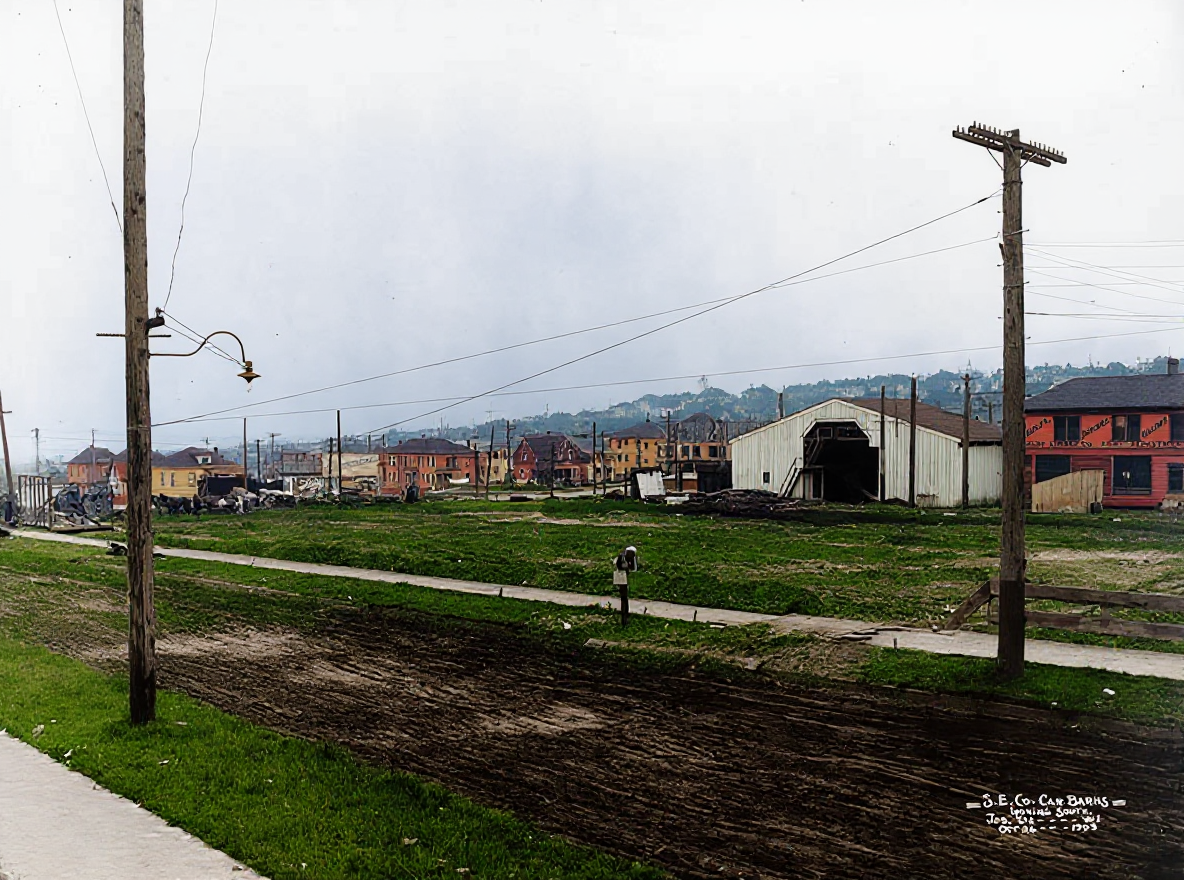 Seattle Electric Company car barns, looking south, 1909
