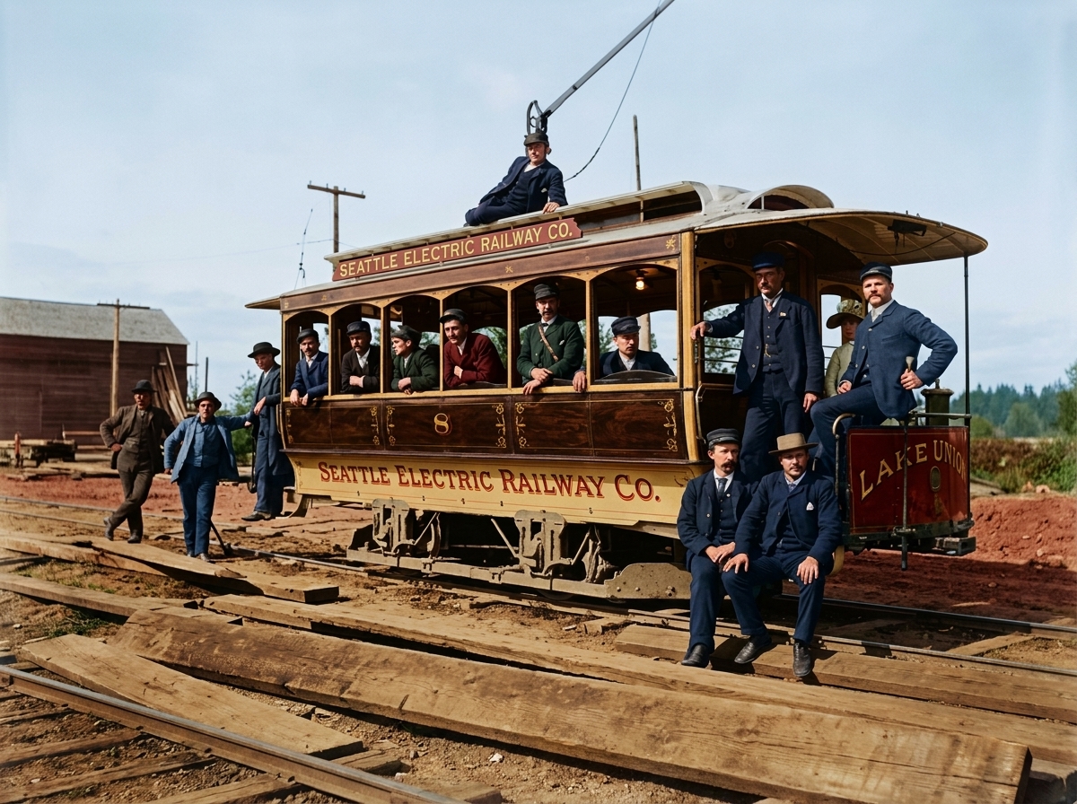 Seattle Electric Railway Co. Streetcar No. 8 with motormen, c. 1890