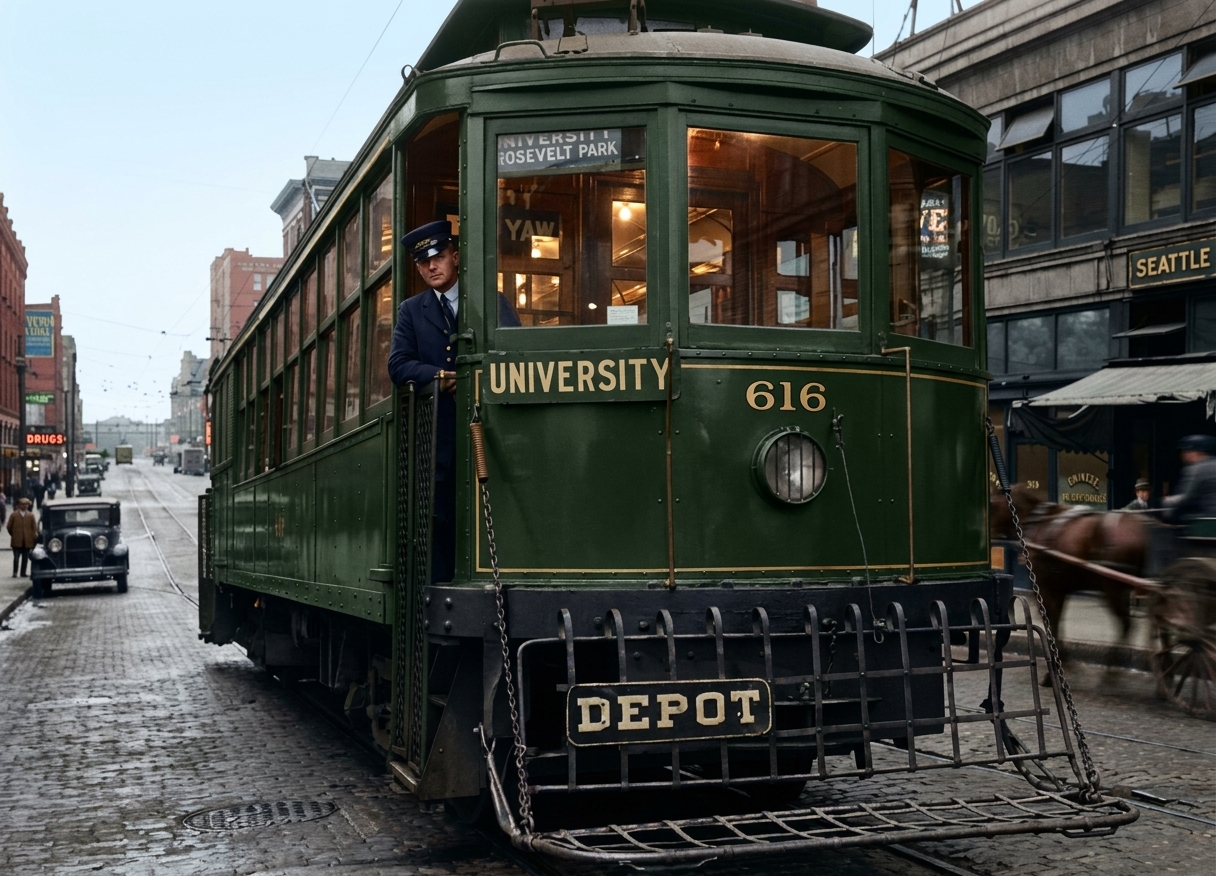 Seattle Municipal Railway streetcar No. 616, University–Roosevelt Park line, downtown
