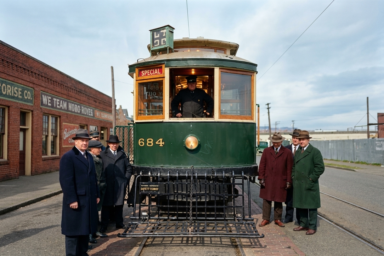 Seattle Municipal Railway streetcar No. 684 with safety fender, 1920s