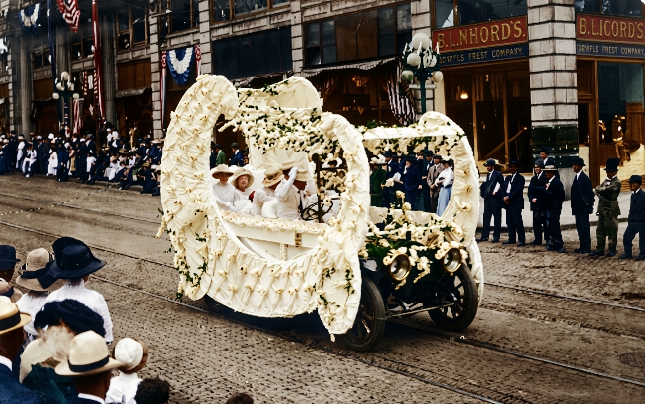 Golden Potlatch Parade float, downtown Seattle, 1912