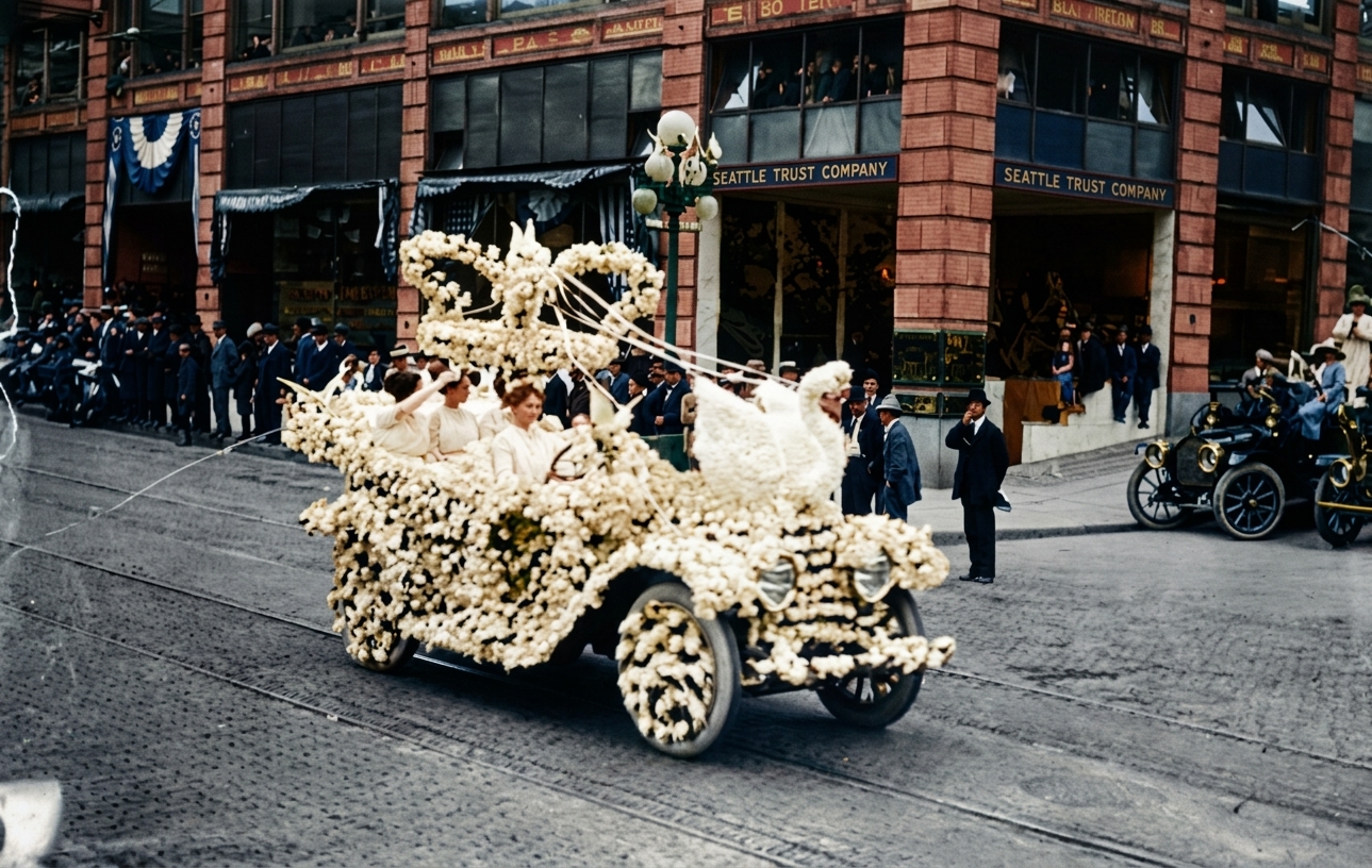 Flower-covered float, Seattle Potlatch Parade, 1912