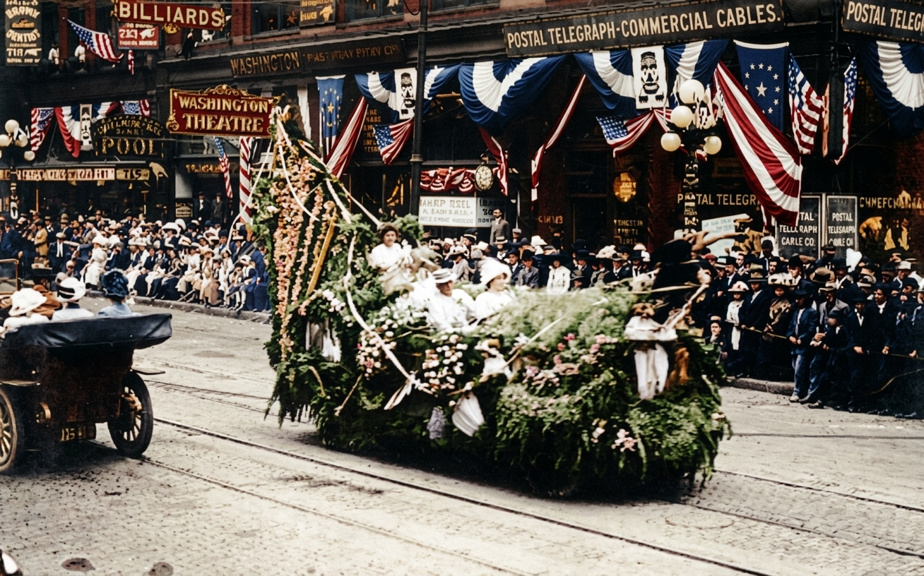 Flower-covered float in the Golden Potlatch Parade, 1912