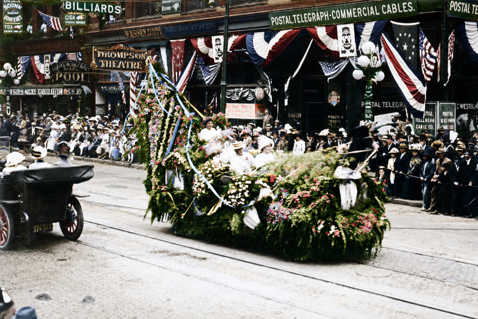 Flower-covered float in the Golden Potlatch Parade, 1912