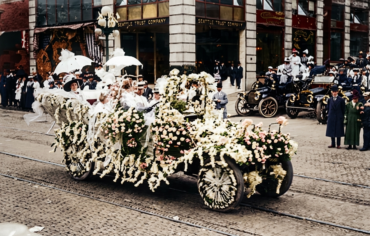 Flower-covered float, Seattle Potlatch Parade, 1912