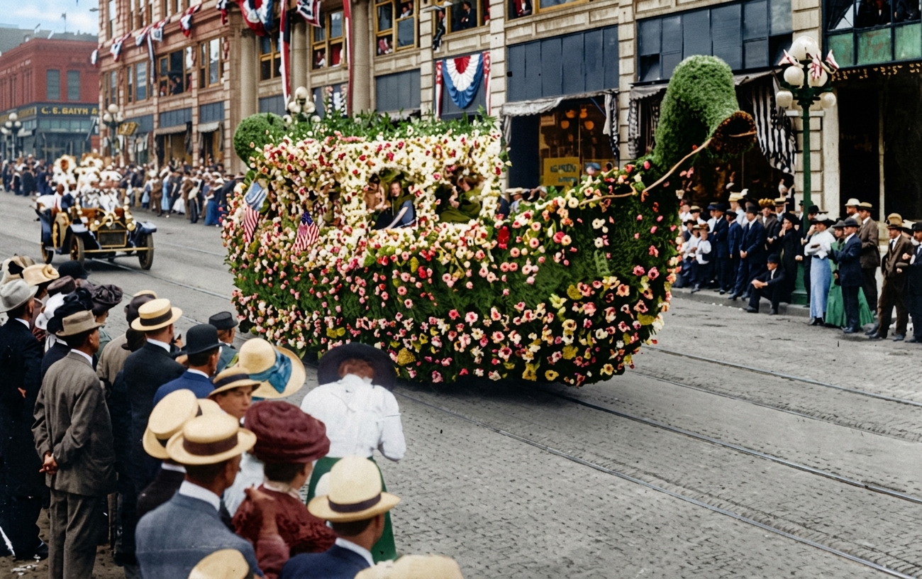 Flower-covered float in the Seattle Potlatch Parade, 1912