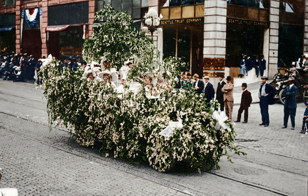 Flower-covered float in the Golden Potlatch Parade, 1912