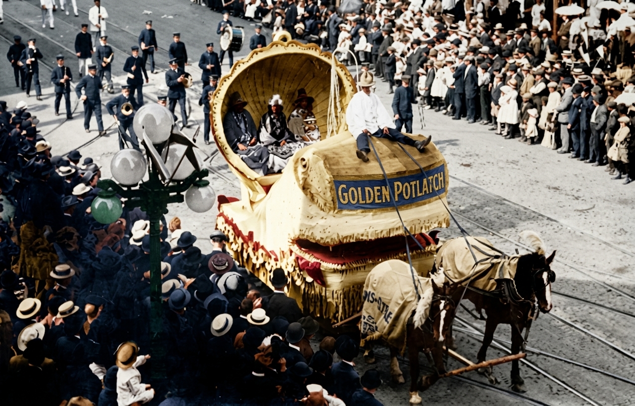 Golden Potlatch Parade float with horse team, 1912