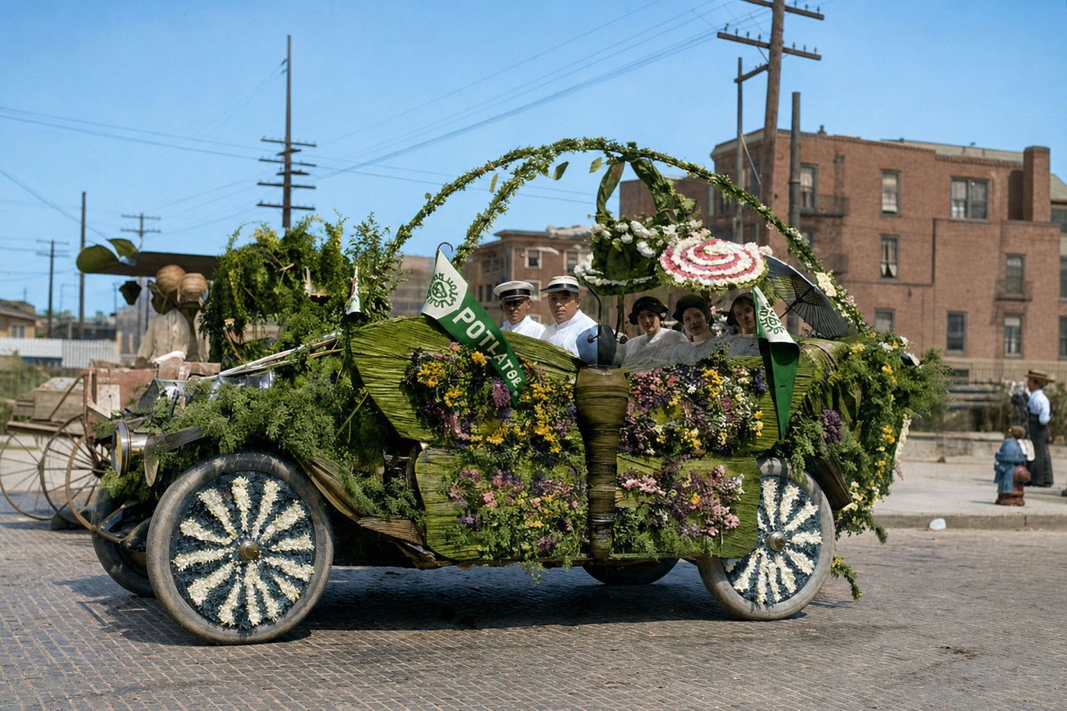 Decorated automobile in Seattle Potlatch Parade, c. 1912