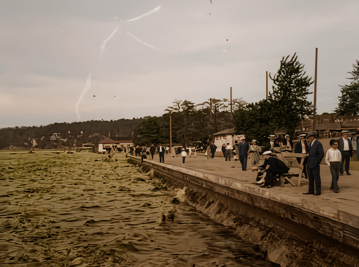 Stereoview of Alki Beach seawall and boardwalk, c. 1910