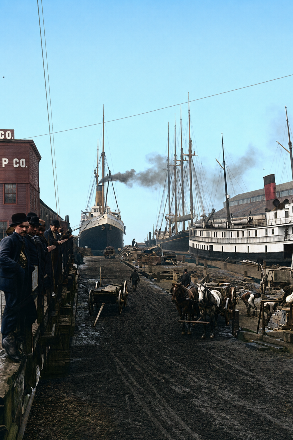 Steamship and sailing vessels at Seattle waterfront, c. 1900