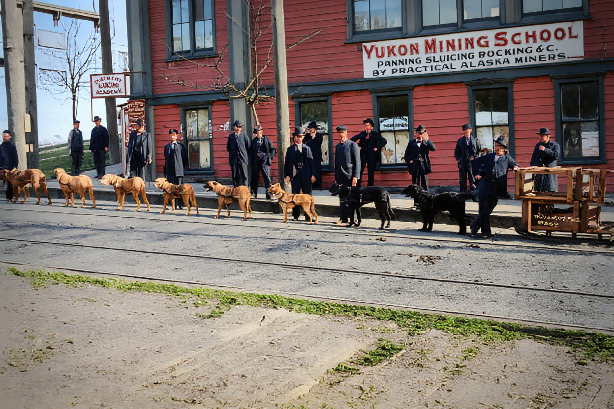 Sled dog team outside the Yukon Mining School, c. 1898