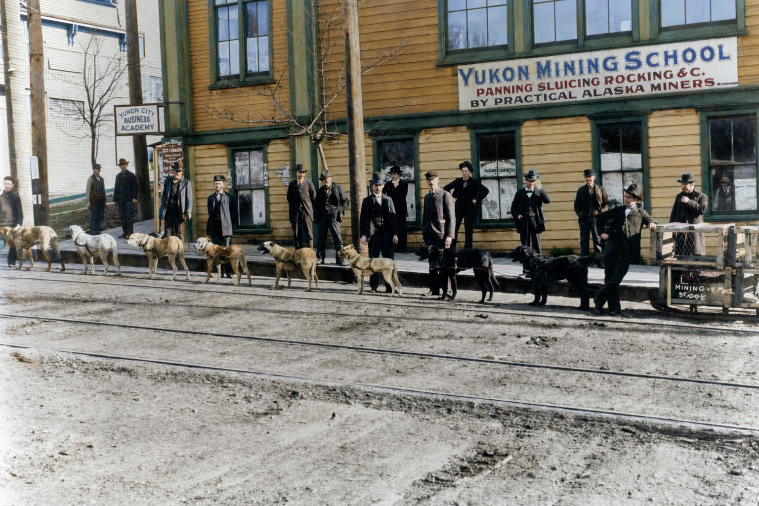 Sled dog team outside the Yukon Mining School, c. 1898