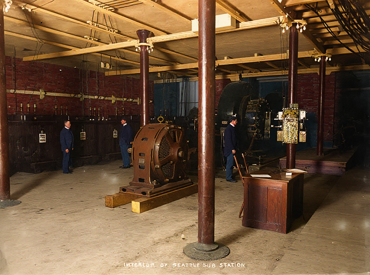 Interior of Snoqualmie Falls Power Company substation, Seattle, c. 1900