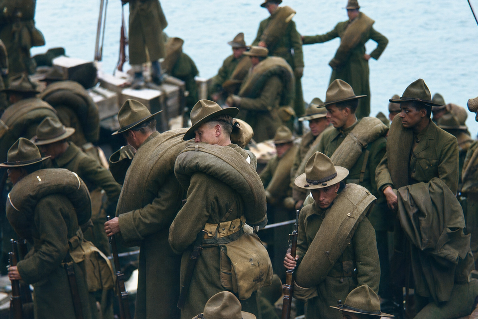 U.S. Army soldiers with packs and life preservers, Seattle, c. 1917