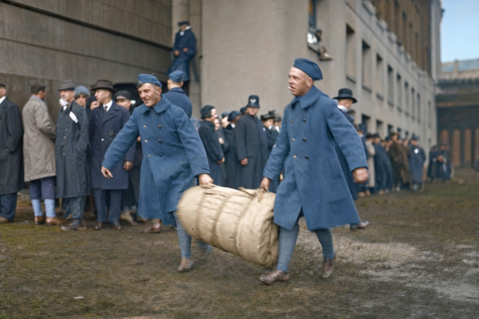 Soldiers hauling a barrel, Seattle, c. 1918