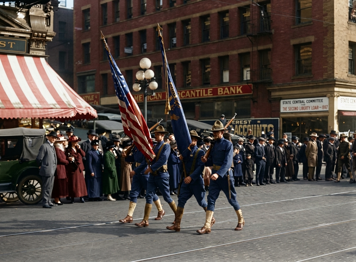 Liberty Loan parade with color guard, downtown Seattle, 1917