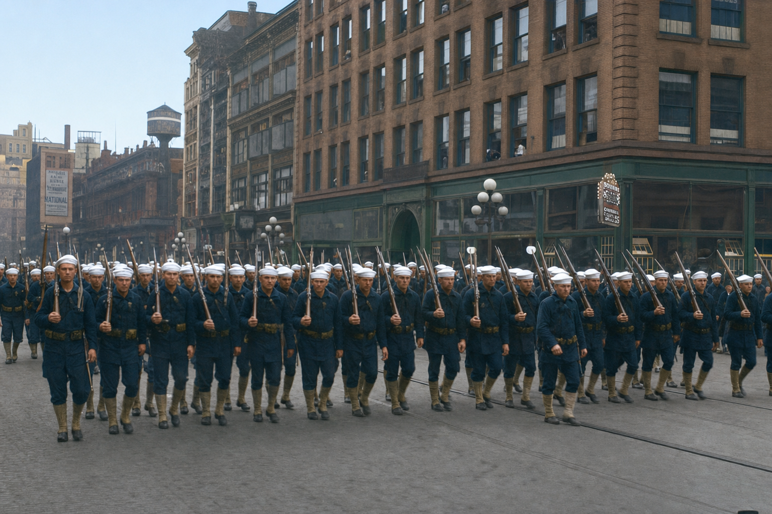 Sailors marching in downtown Seattle parade, c. 1918