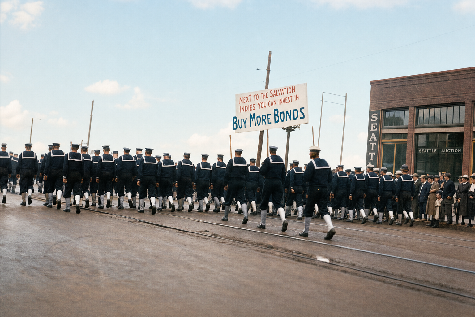 Sailors marching in 'Buy More Bonds' parade, Seattle, c. 1917-1918