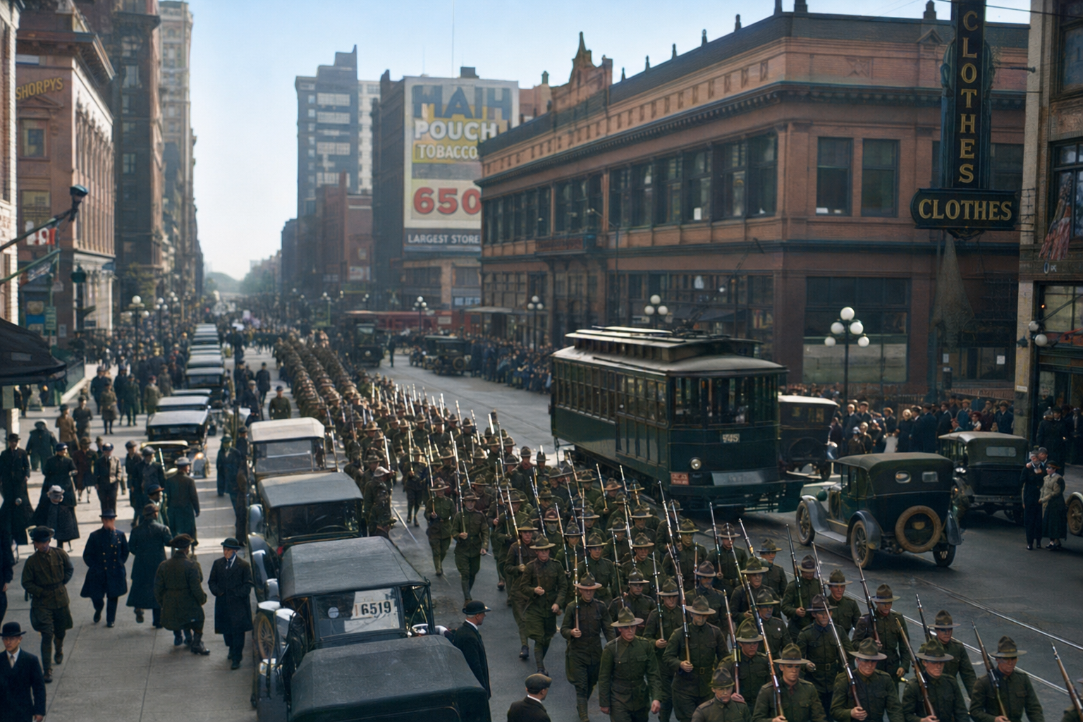 Soldiers parading down Second Avenue, c. 1917