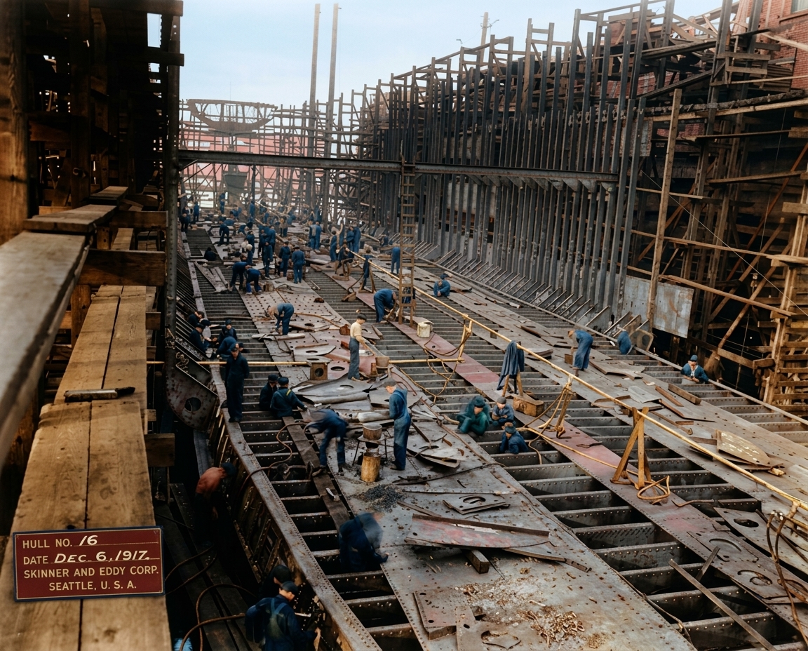 Skinner & Eddy shipyard, Hull No. 16 under construction, 1917