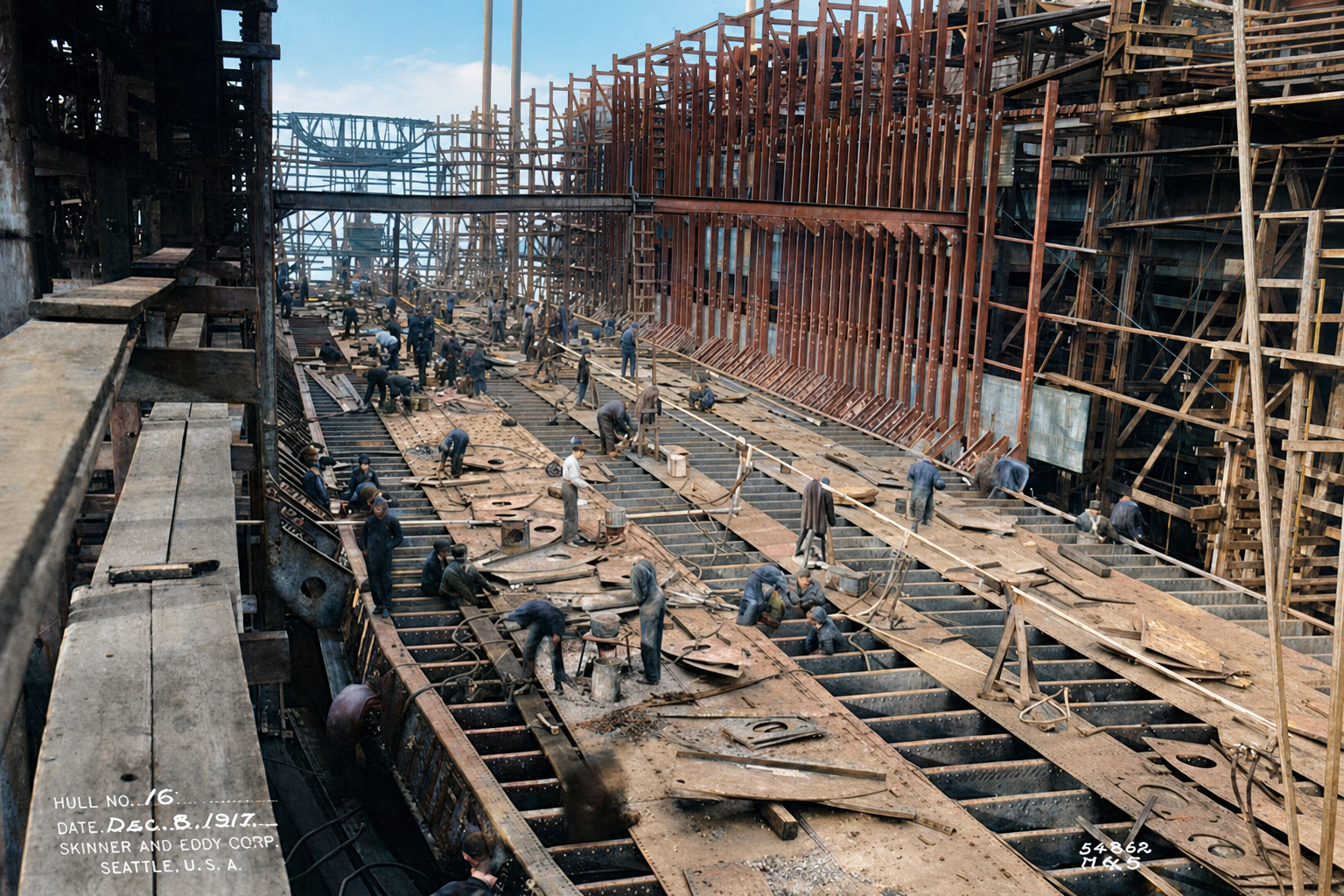 Skinner & Eddy shipyard, Hull No. 16 under construction, 1917