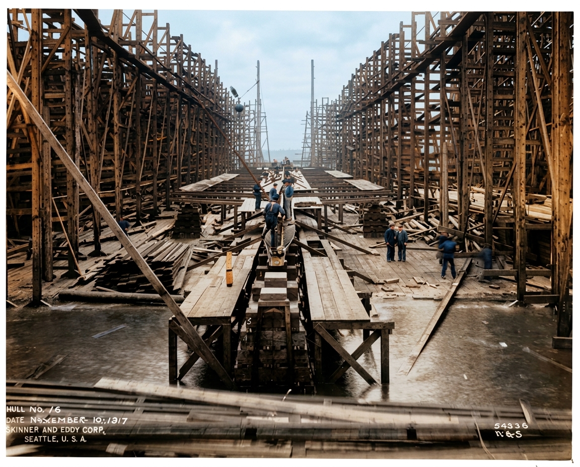 Skinner & Eddy shipyard, Hull No. 16 under construction, November 1917