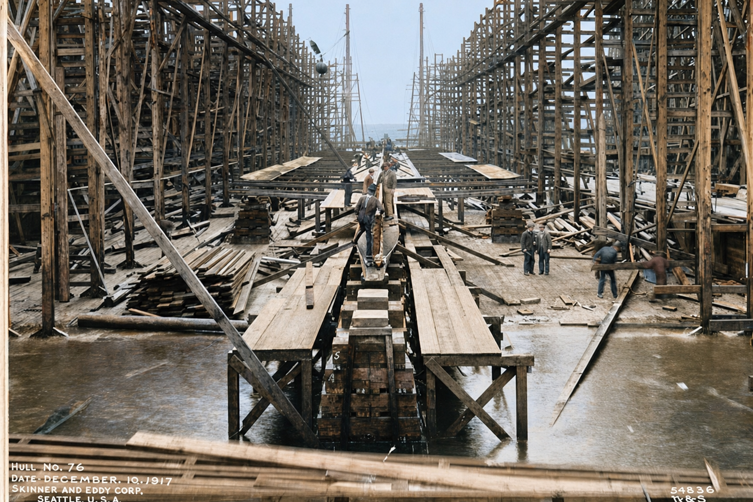 Skinner & Eddy shipyard, Hull No. 16 under construction, November 1917