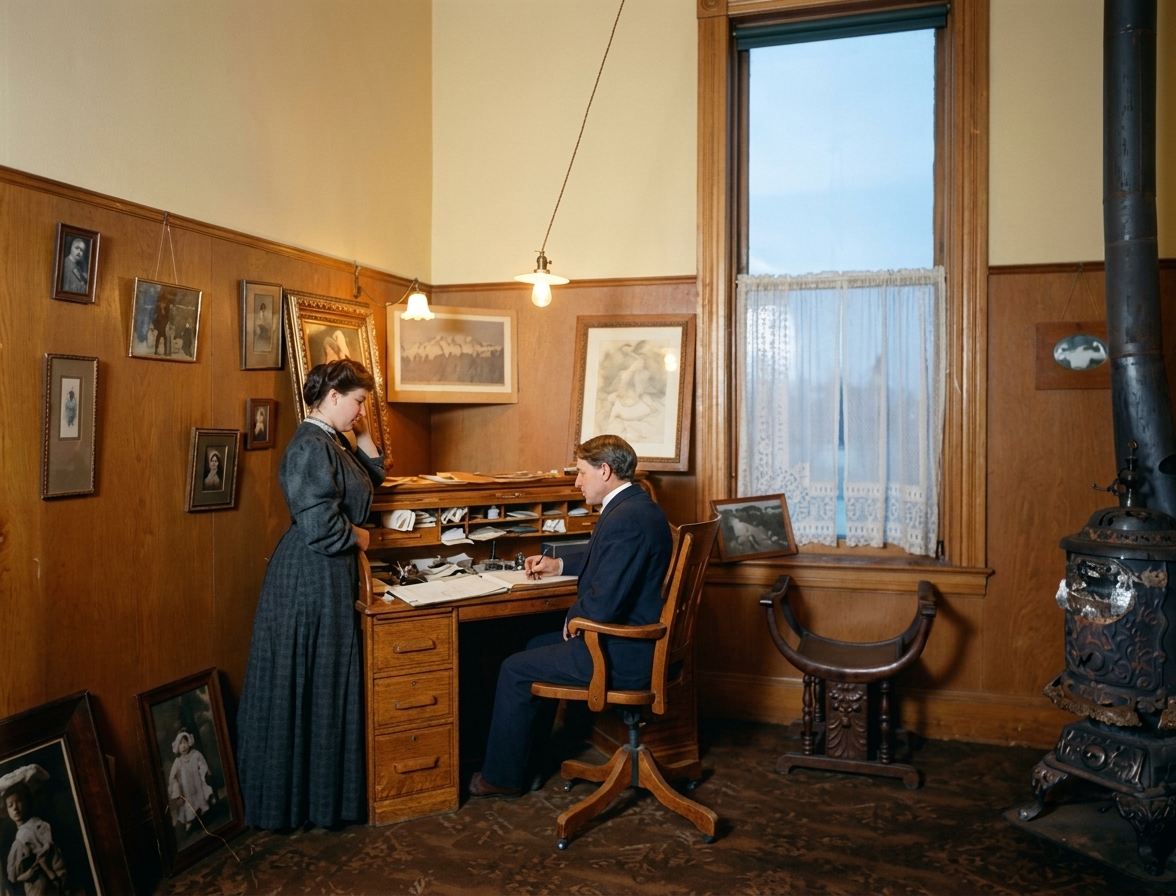 Victorian office interior with rolltop desk, c. 1900