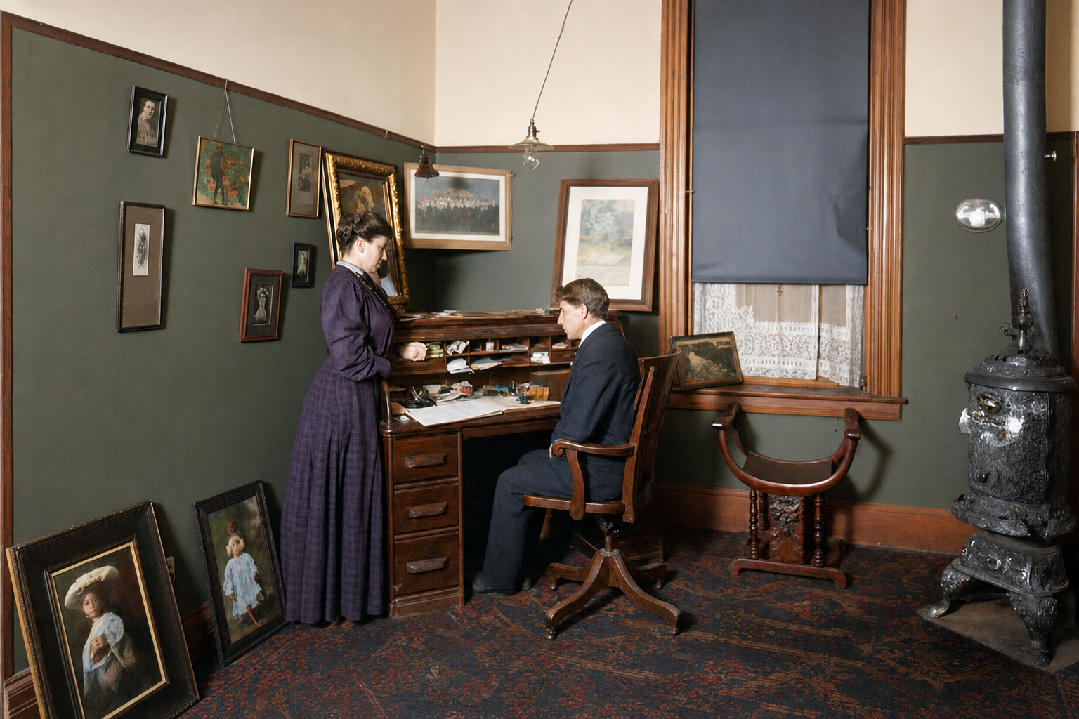 Victorian office interior with rolltop desk, c. 1900