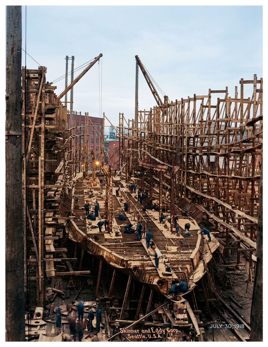 SS West Elcasco under construction, Skinner & Eddy Shipyard, 1918