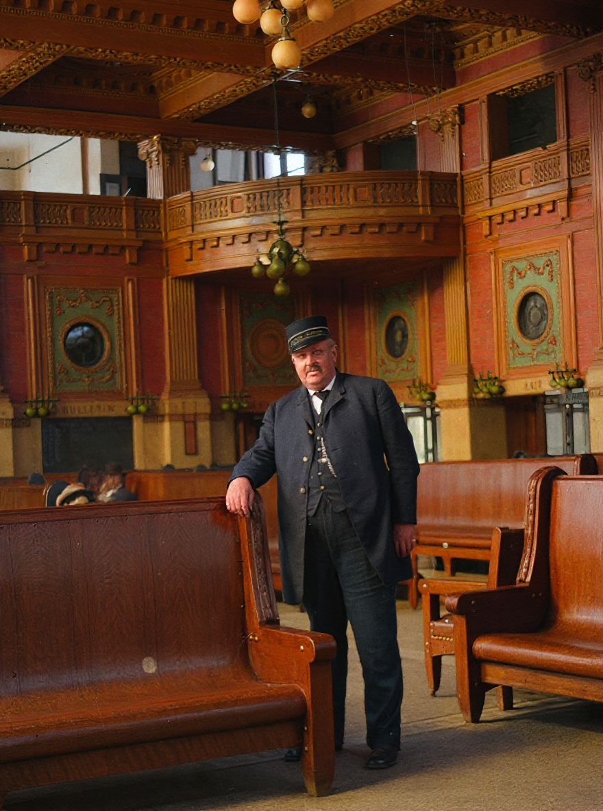 Train caller in King Street Station waiting room, 1907