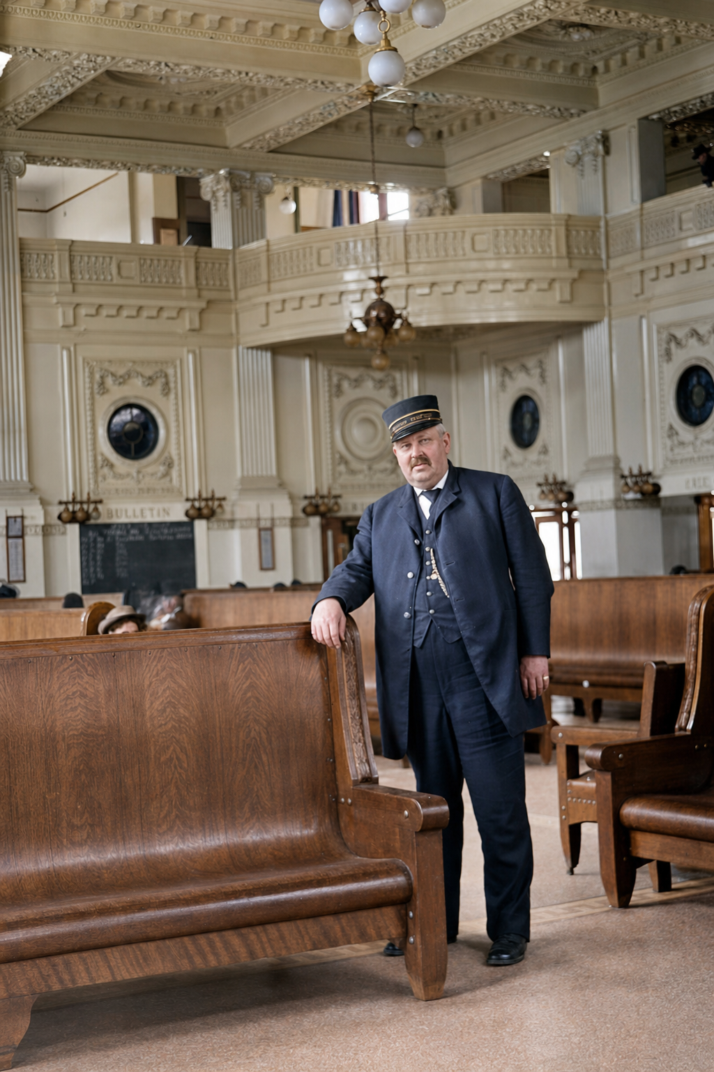 Train caller in King Street Station waiting room, 1907