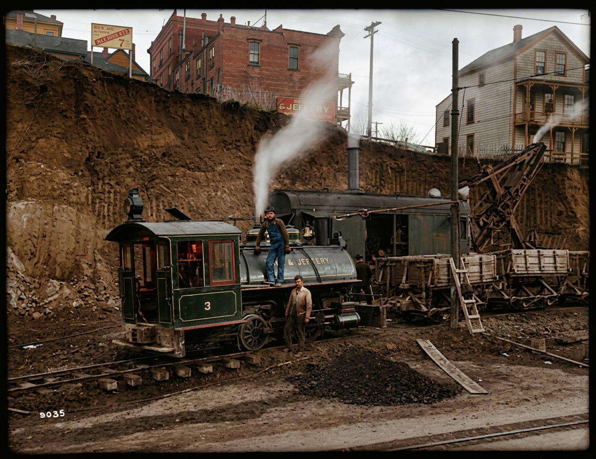 Locomotive and steam shovel at the Denny Regrade, 2nd & Virginia, c. 1906