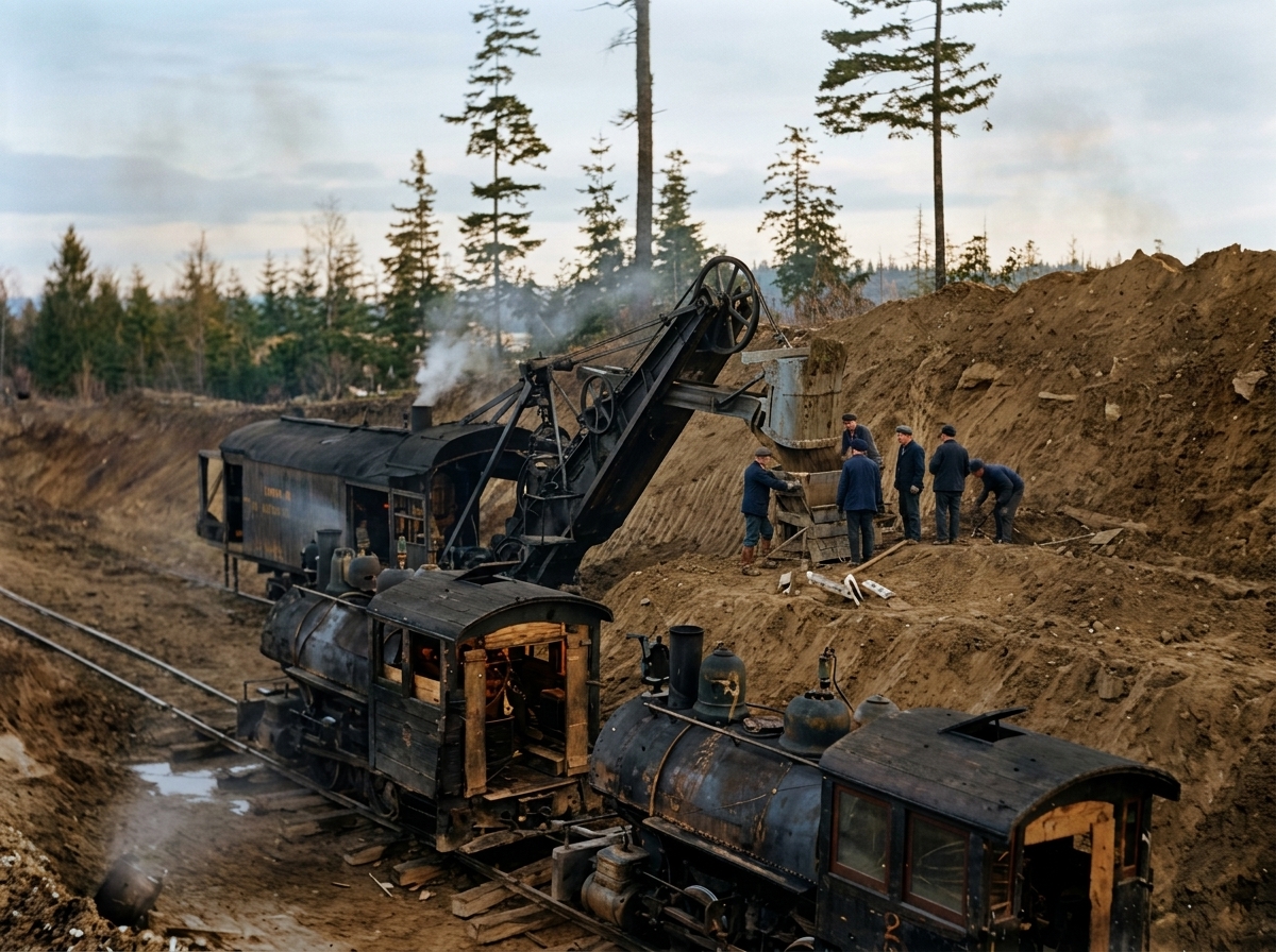 Steam shovels excavating the Montlake Cut, c. 1910s