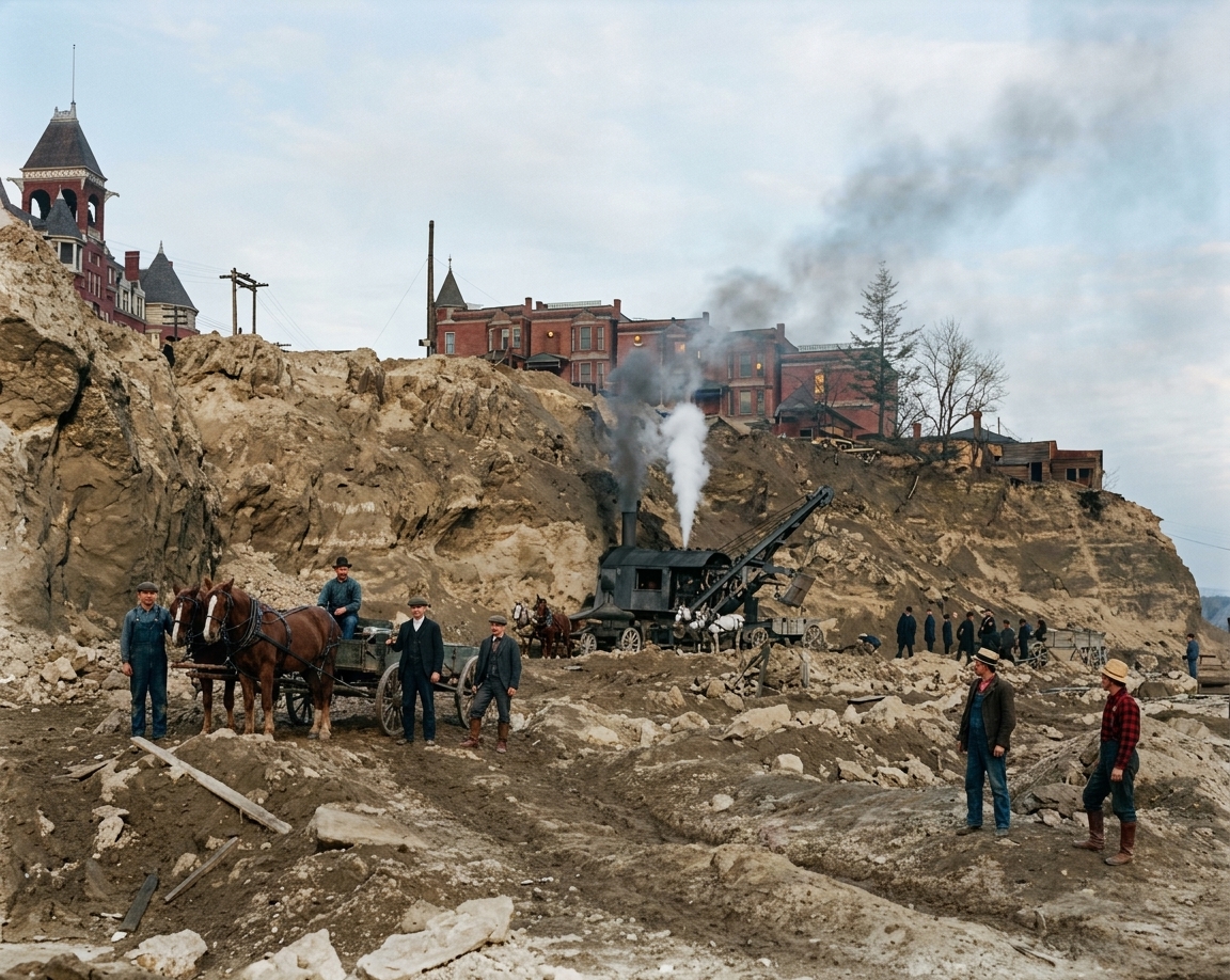 Denny Hill regrade work with steam shovel, c. 1907