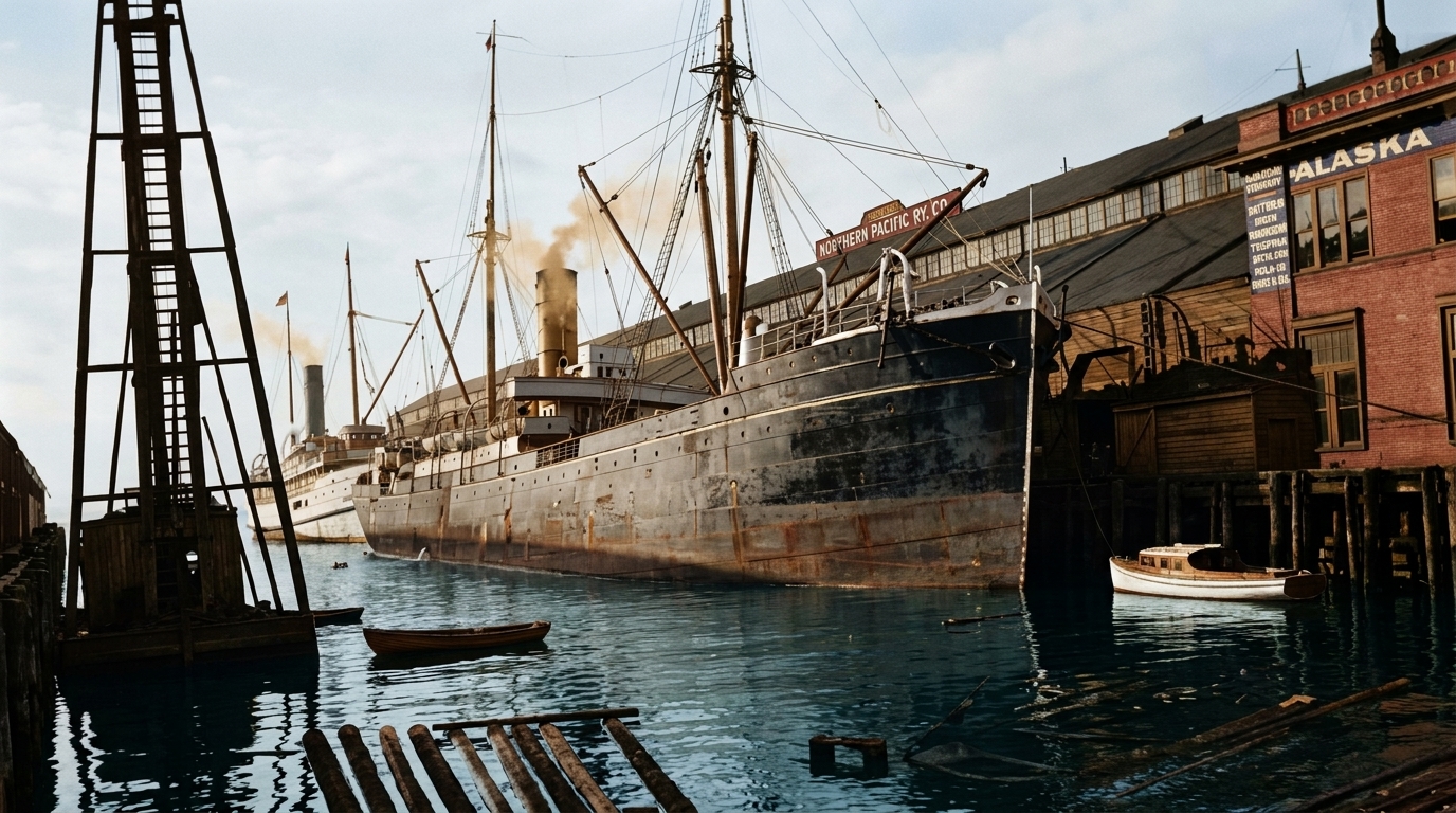 Steamship at Alaska Steamship Company pier, Seattle waterfront, c. 1912