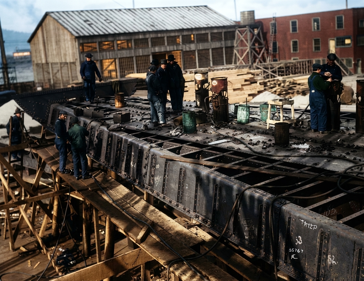 Shipbuilders at work on a steel hull, Seattle, c. 1918