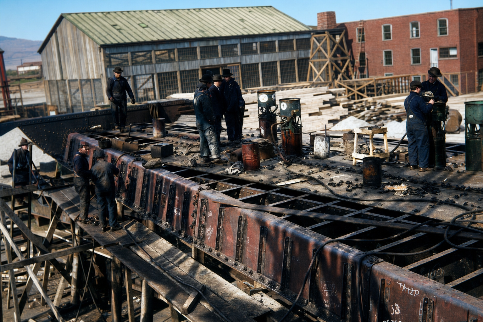 Shipbuilders at work on a steel hull, Seattle, c. 1918